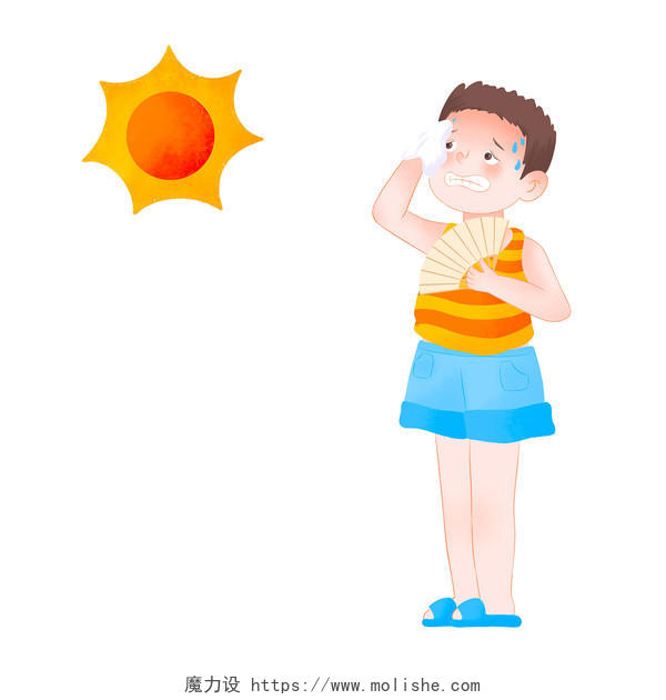 夏天暑假卡通高温元素太阳炎热中暑擦汗扇子小暑大暑PNG素材